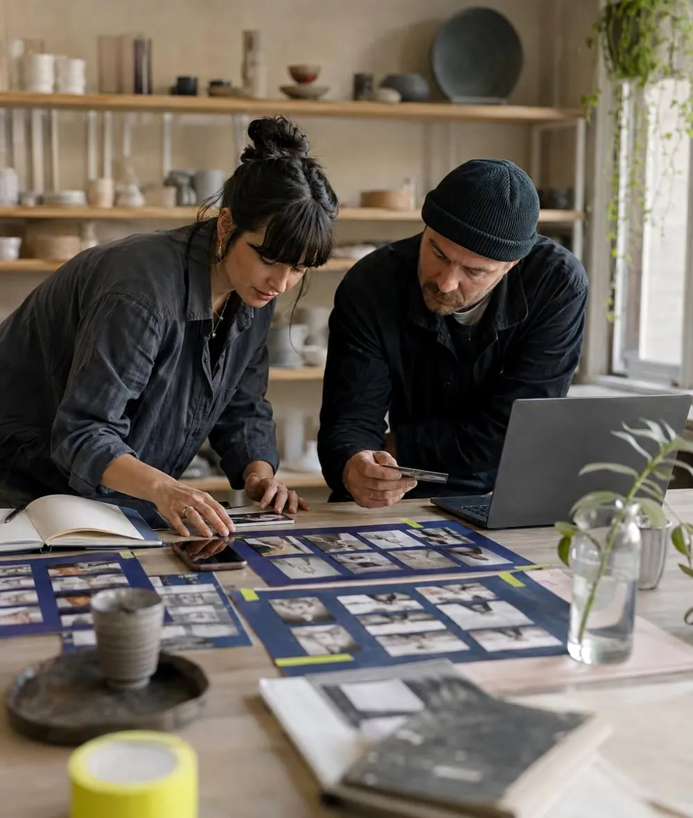 Two people laying out printed campaign frames and contact sheets on a studio table